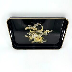 Vintage Otagiri Black Lacquer Tray Peacocks Floral‎ 17"x11" Japan Handcrafted